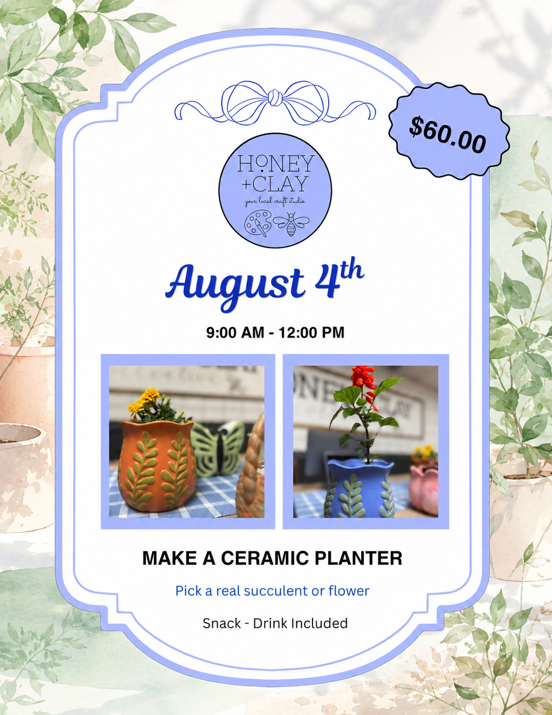 Tuesday Ceramic Planters Art Camp 8/4/2026 @ 9:00AM